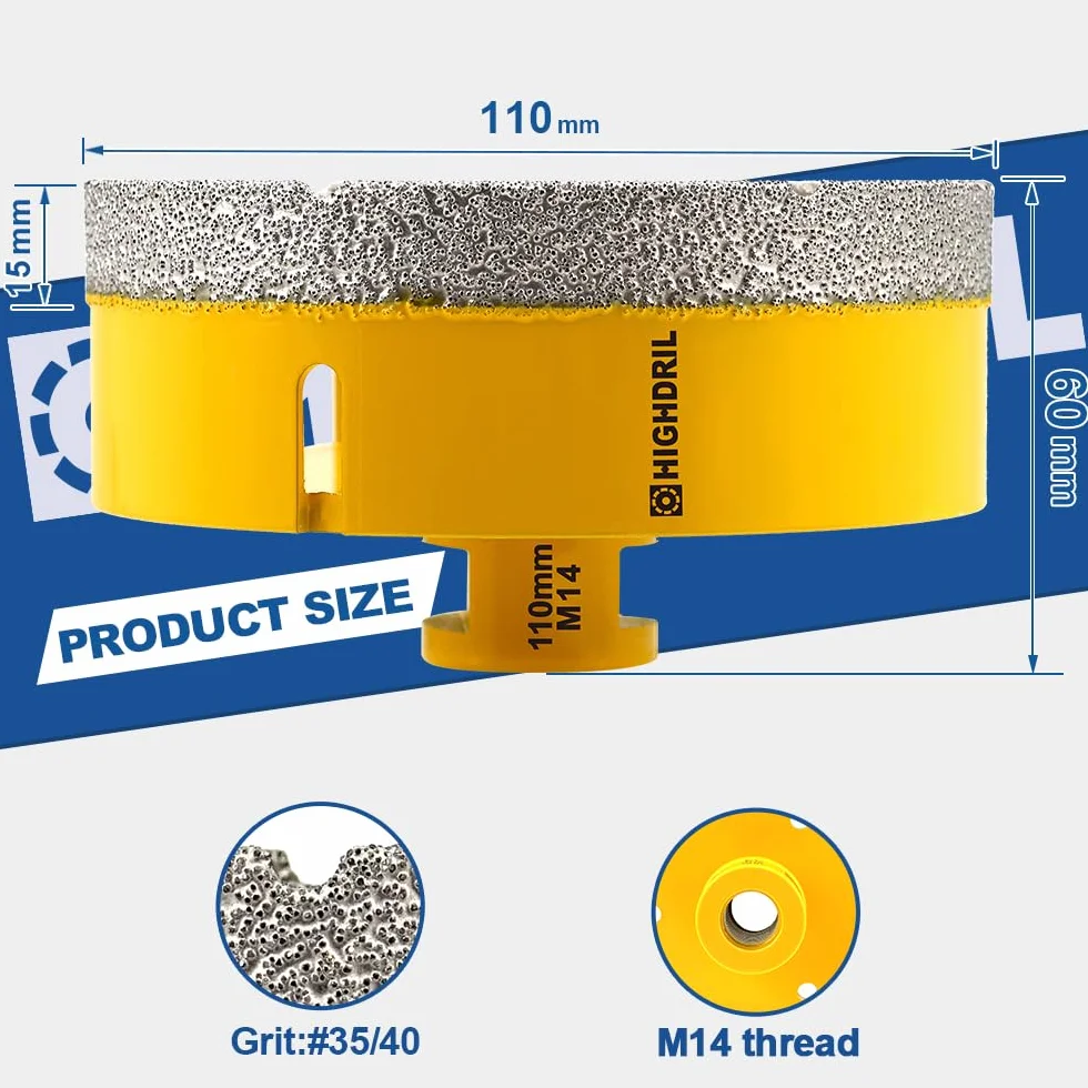 HIGHDRIL Diamentowa koronka wiertnicza – 110 mm otwornica do płytek M14 gwint do porcelany, płytek, ceramiki, granitu, marmuru, wiercenia na sucho, płytek, diamentowych wierteł