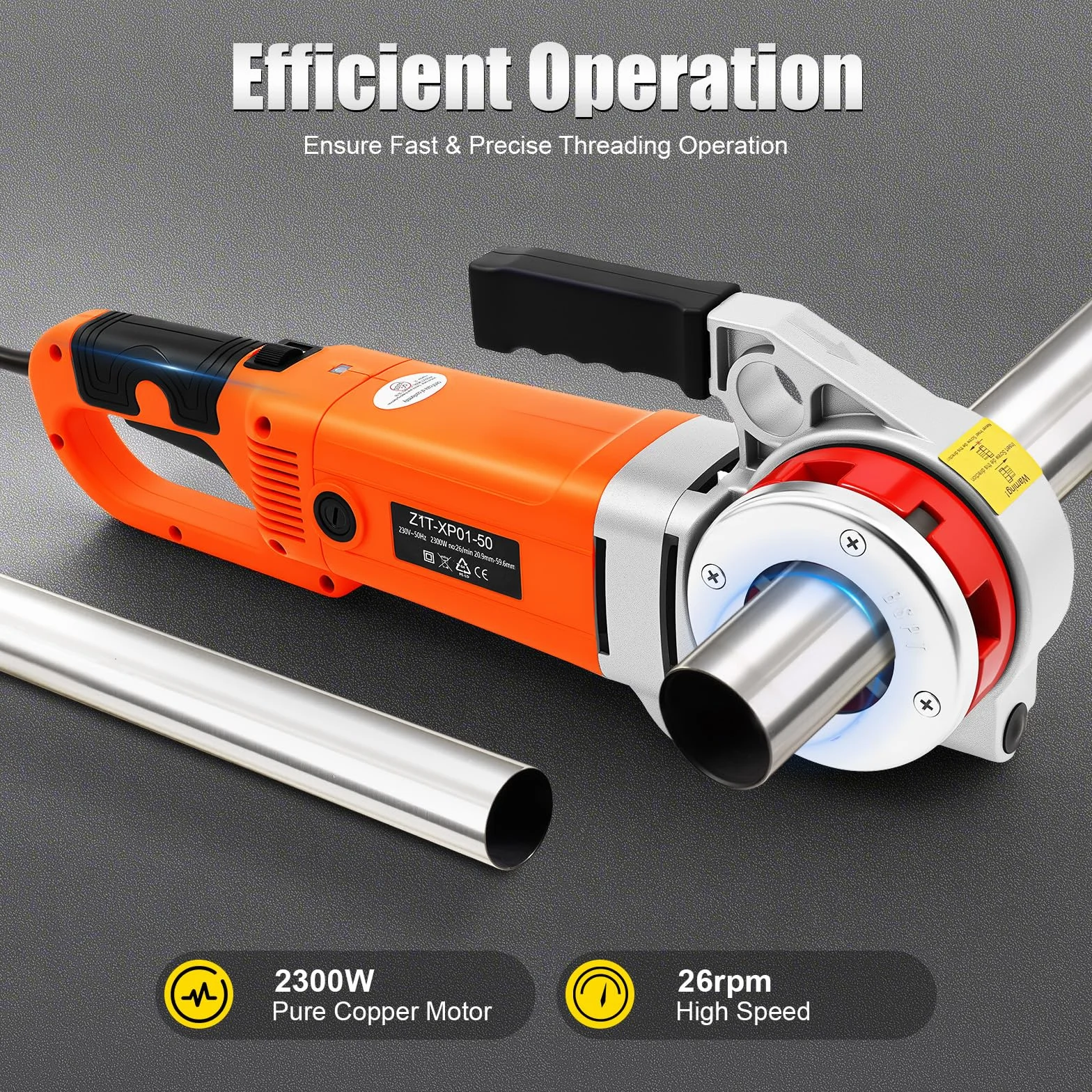 Elektryczna maszyna do gwintowania, 6 matryc 1/2", 3/4", 1", 1-1/4", 1-1/2", 2", 2300 W, 25 obr./min, zestaw zwojów do gwintowników elektrycznych