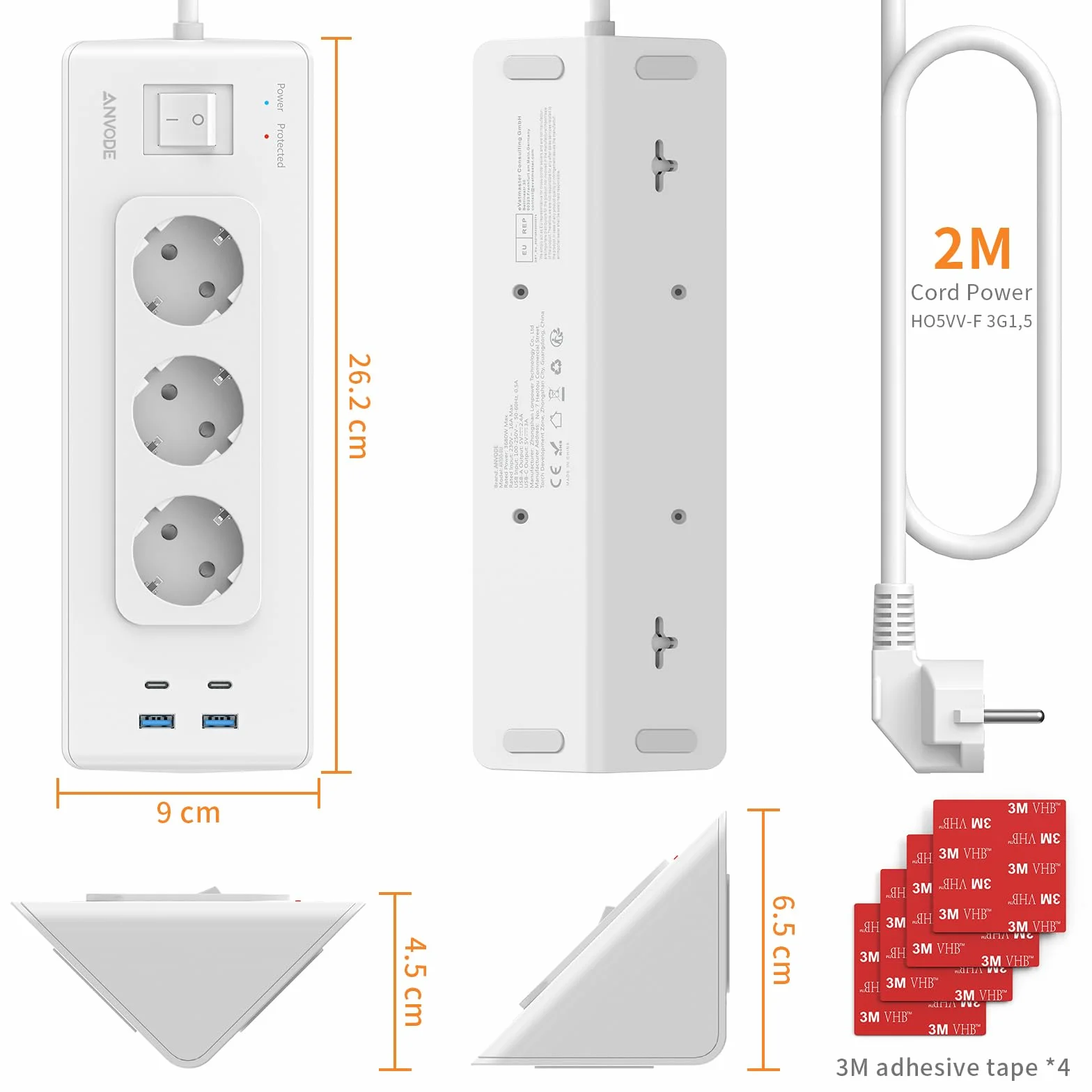 Narożna listwa zasilająca z USB i 2 Type-C, 3-gniazdowa, ochroną przed przeciążeniem, kabel 2m