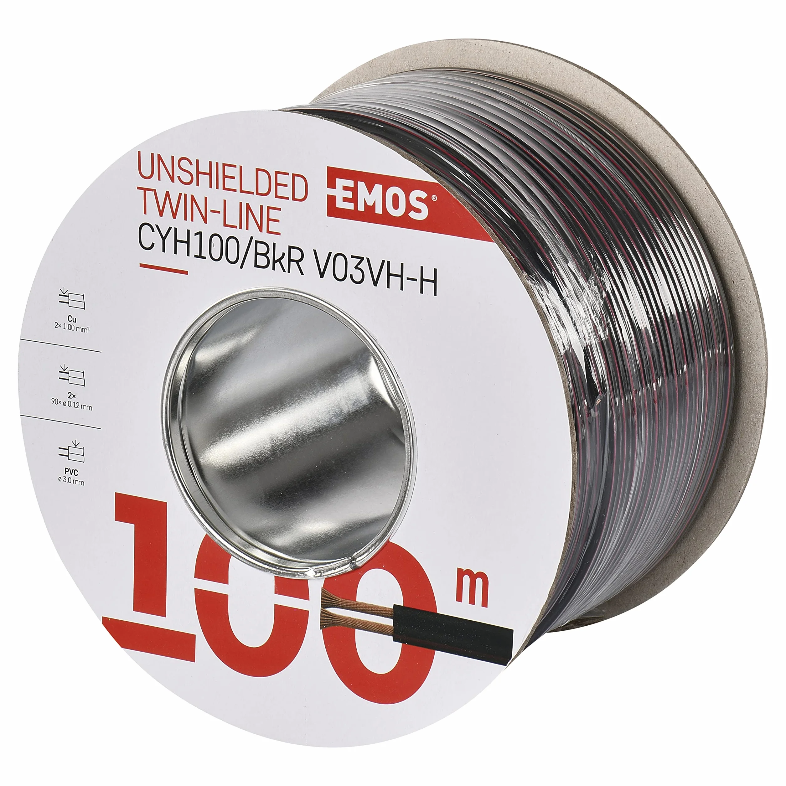 EMOS S8280 kabel miedziany 2 x 1,0 mm2, 100 m przewód dwuprzewodowy z czystej miedzi do niskiego napięcia, czarny z oznaczeniem biegunowości