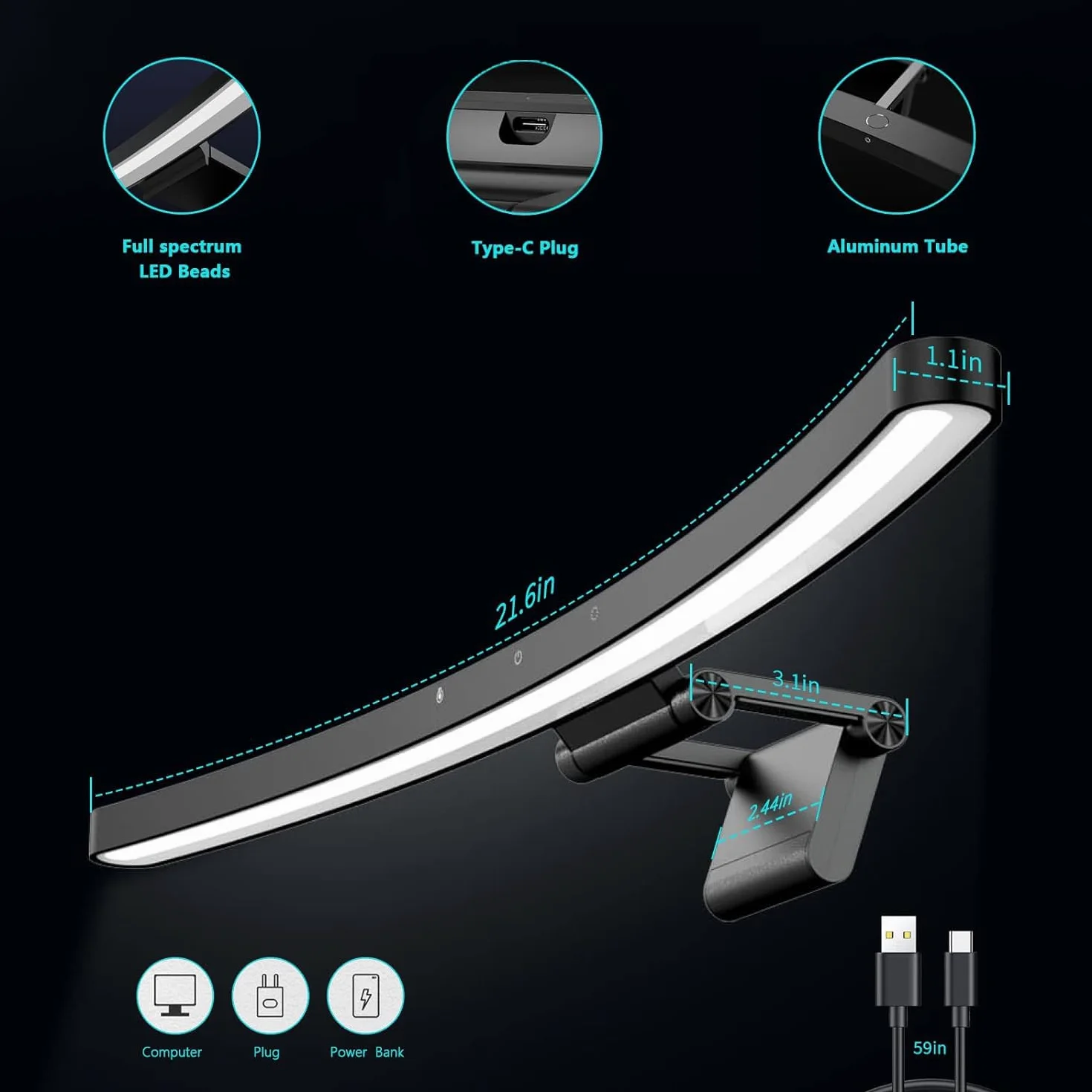 Light Bar Touch Control 55 cm lampa ekranowa USB z regulacją odcienia i bezstopniowym ściemniaczem