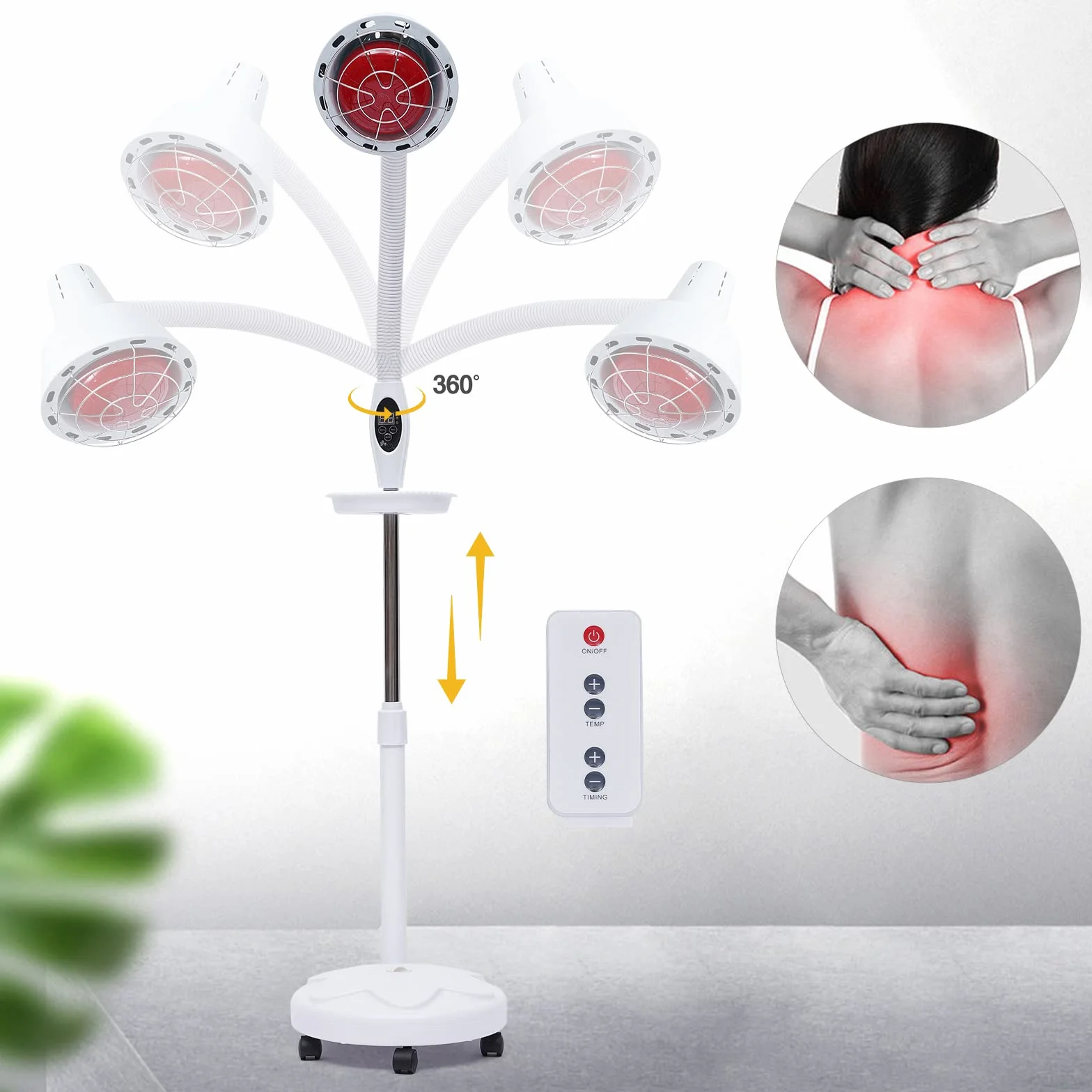 Lampa na podczerwień 8-70℃, z regulacją wysokości, czerwone światło, lampa ciepła z kółkami, światło podczerwone 275 W, funkcja timera, lampa grzewcza do łagodzenia bólu