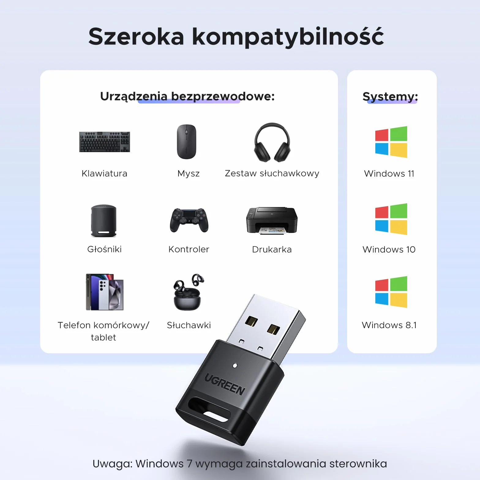 UGREEN Adapter Bluetooth 5.4 USB do Komputera, Klucz Sprzętowy dla Windows 11/10/8.1