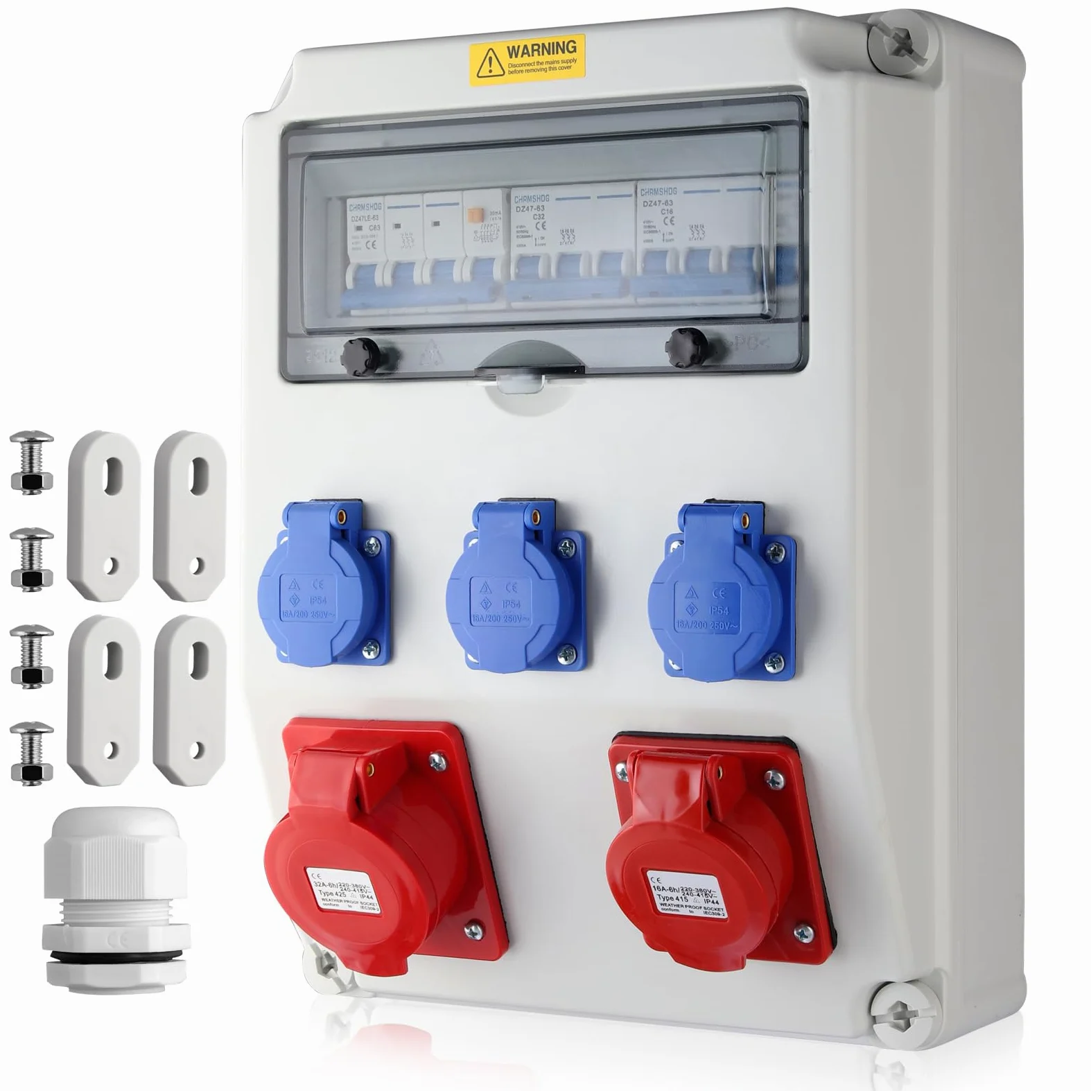EYPINS Rozdzielacz prądu budowlanego z LS+FI, rozdzielacz ścienny 3 x 230 V gniazda Schuko, 2 x gniazda CEE 16 A/32 A, rozdzielacz prądu IP66, wodoszczelny, trudnopalny rozdzielacz ABS, do warsztatów