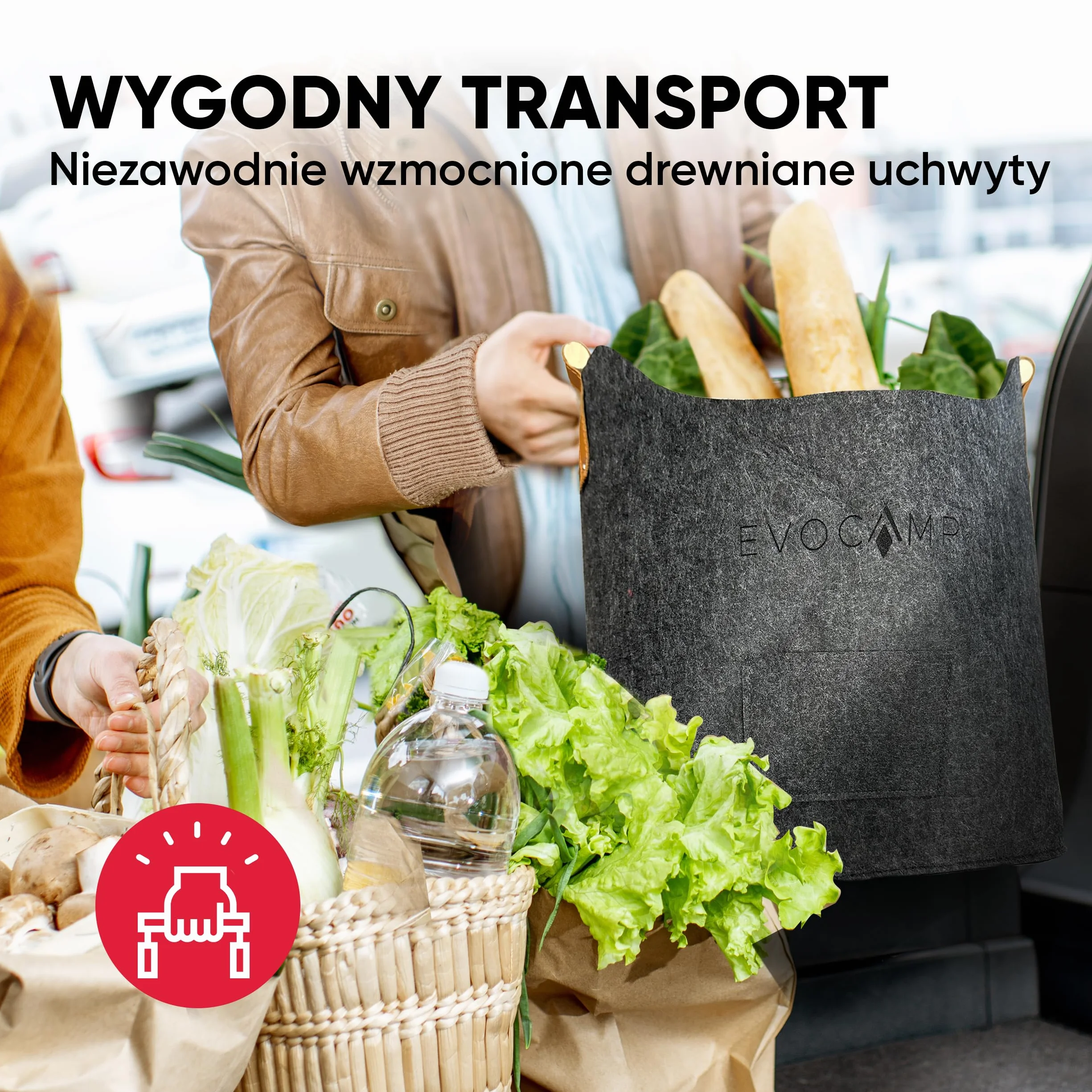 EVOCAMP duży filcowy kosz na drewno i przechowywanie, XXL kosz kominkowy z filcu w ciemnoszarym kolorze, z drewnianymi uchwytami, torba na drewno 44x44x30 cm