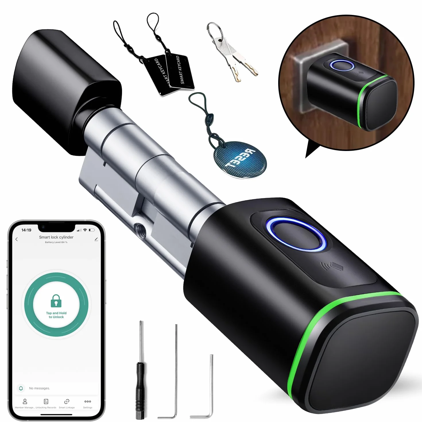 AVATTO Inteligentny elektroniczny zamek do drzwi, cylinder 70 mm (35/35) z odciskiem palca, 2 klucze, karta IC, kontrola aplikacji Smart Life/Tuya, Bluetooth, zamek cylindryczny