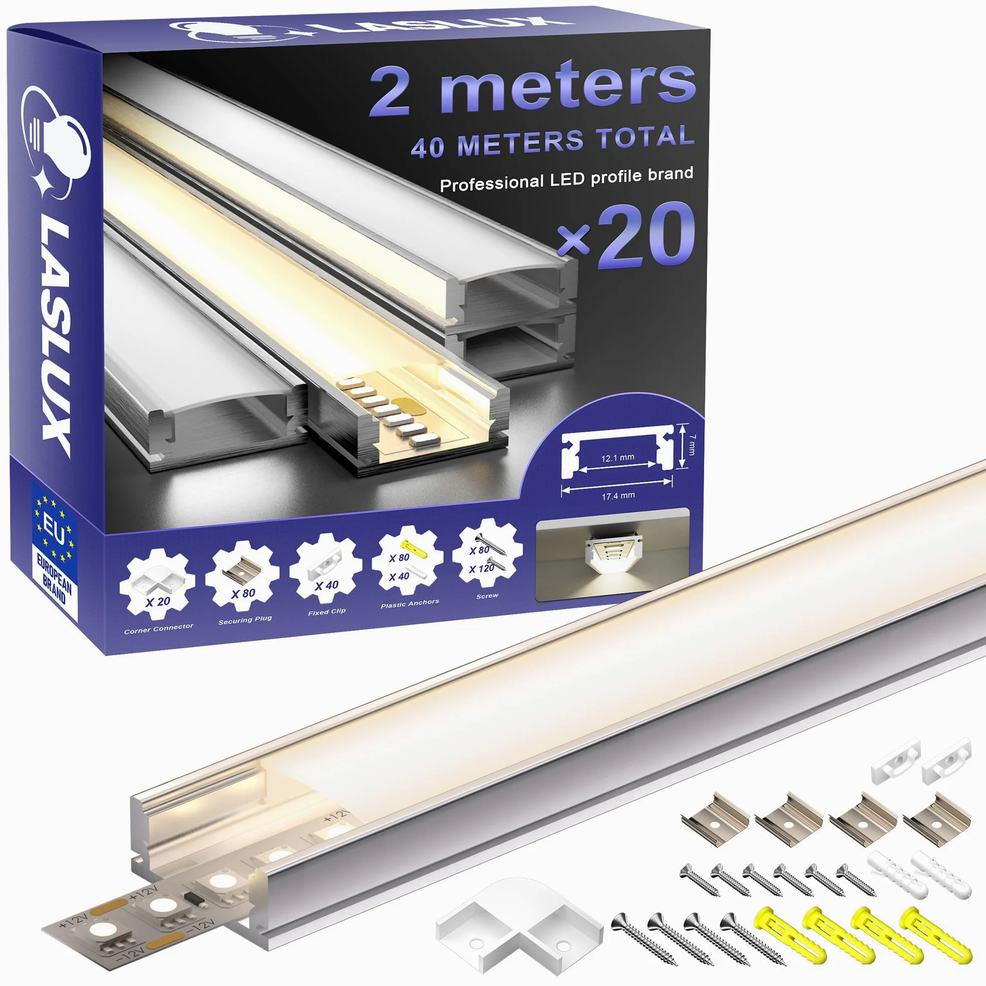 Profil aluminiowy LED, 2 m x 20 sztuk (40 m), aluminiowy profil LED, aluminiowy z mleczną pokrywą, zaślepkami końcowymi i uchwytem montażowym, metalowym klipsem montażowym