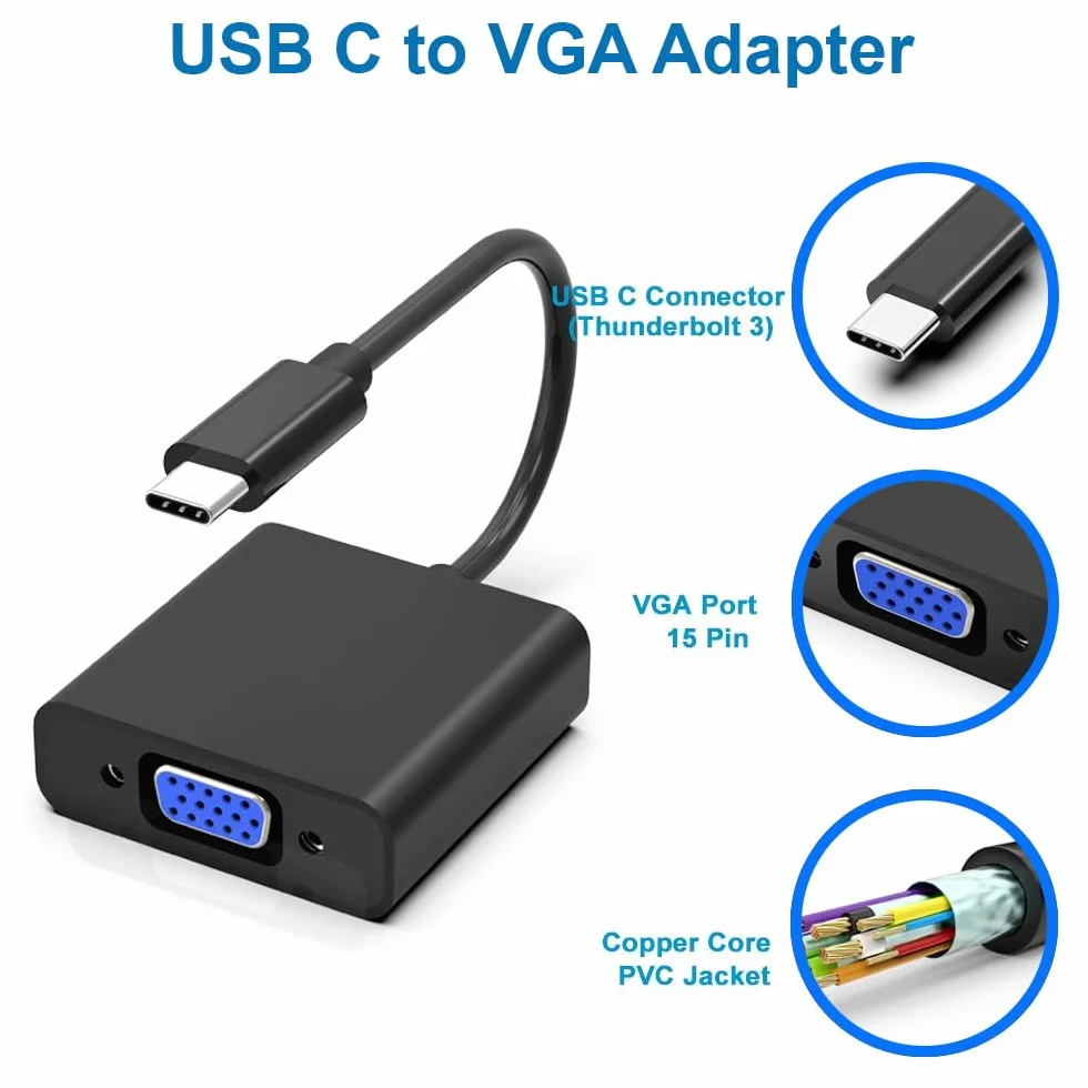 MMOBIEL USB Type C Thunderbolt 3 do VGA Adapter Mężczyzna do żeńskiej 1080p HDTV HDMI Kompatybilny z MacBook 2019-2016 PC Laptop Notebook Projector Monitors czarny