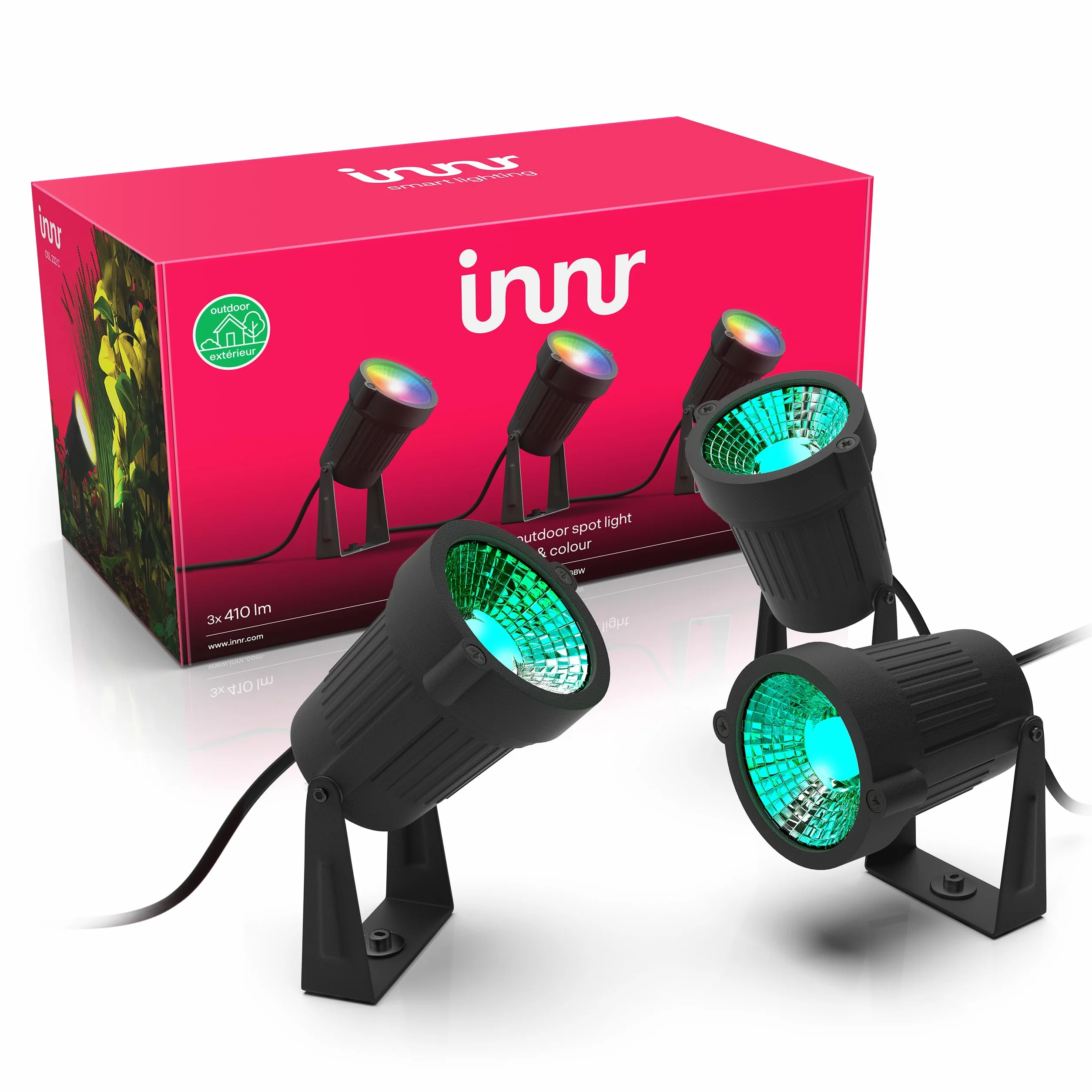 Innr Smart reflektor ogrodowy (3-pak), Zigbee, współpracuje z Hue* i Alexa (wymagany bruzd), białe i kolorowe oświetlenie LED do ogrodu i tarasu, ochrona przed wodą rozbryzgową IP65