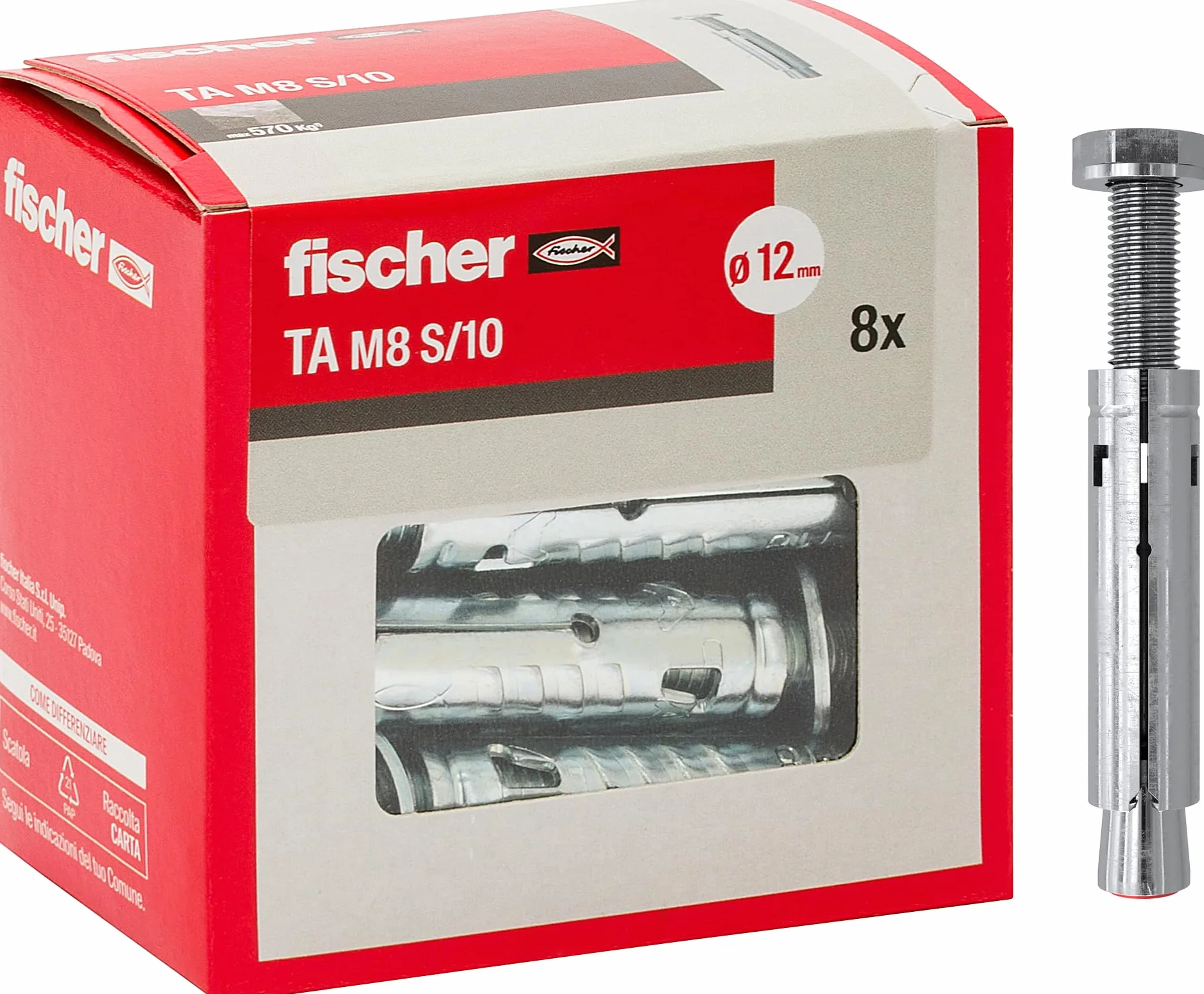 Fischer 71253 Tasselli in Acciaio Con Testa Esagonale, Diametro Tassello Pz kołki stalowe TA M 8 ze śrubą sześciokątną, średnica kołka 10 mm, 8 sztuk, stal ocynkowana, M8 + Vite