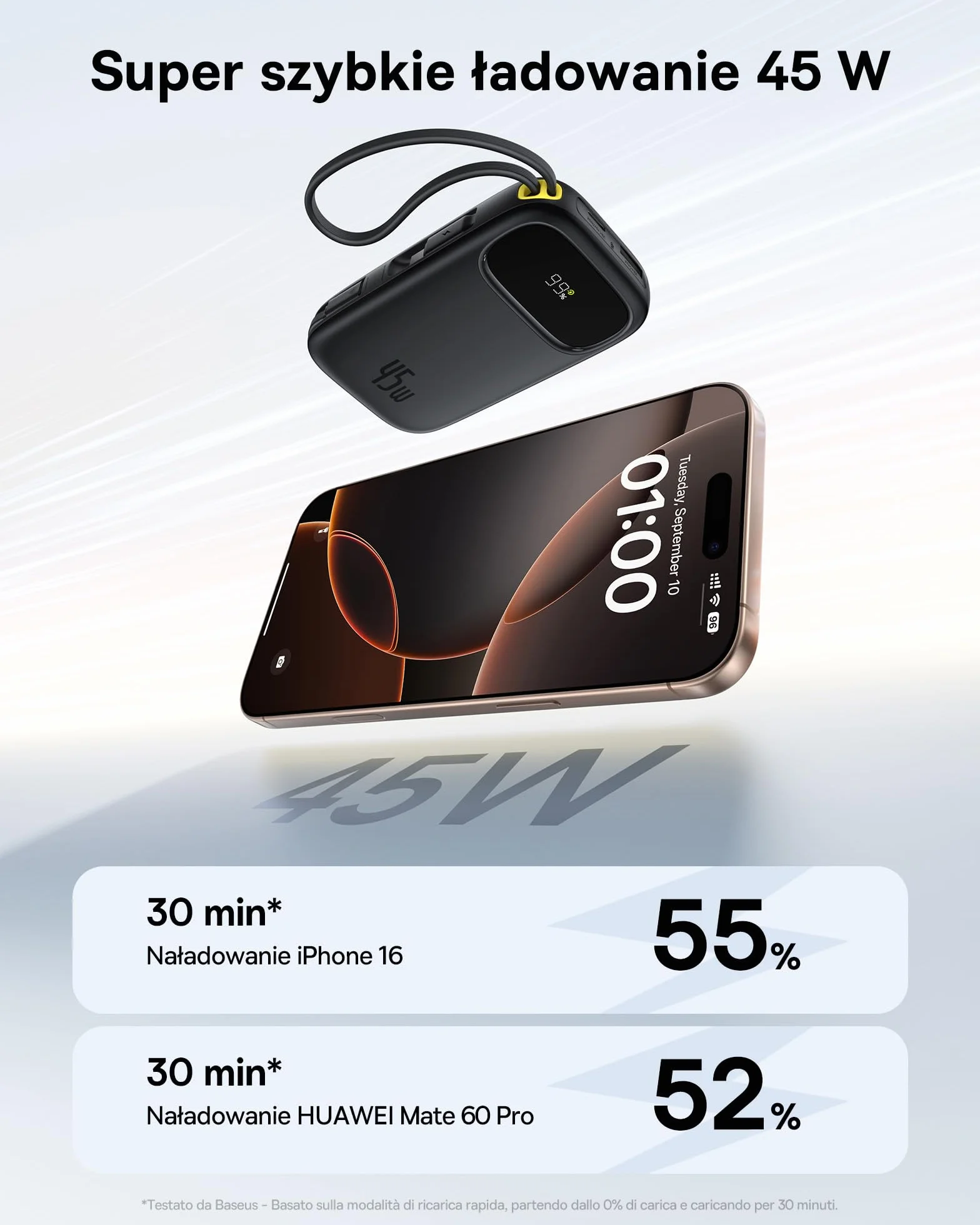Baseus QPow3 Powerbank 45 W 20 000 mAh 2 wbudowane kable USB-C PD3.0 QC4.0 3 USB C 1 USB A zewnętrzny akumulator