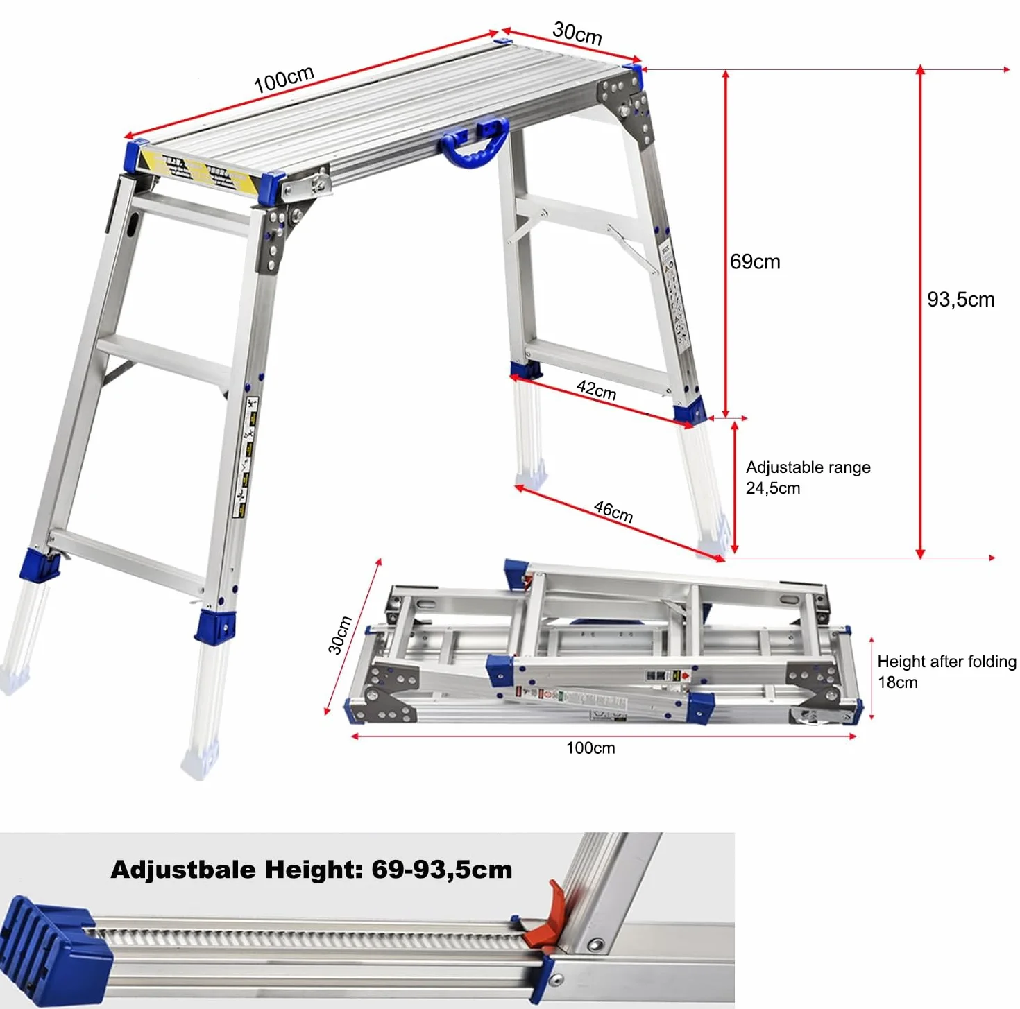 Platforma robocza 100 x 30 cm, 2-stopniowa platforma robocza składana, z antypoślizgową gumową matą, wszystkie nogi z regulacją wysokości od 65 do 90 cm, nośność 150 kg