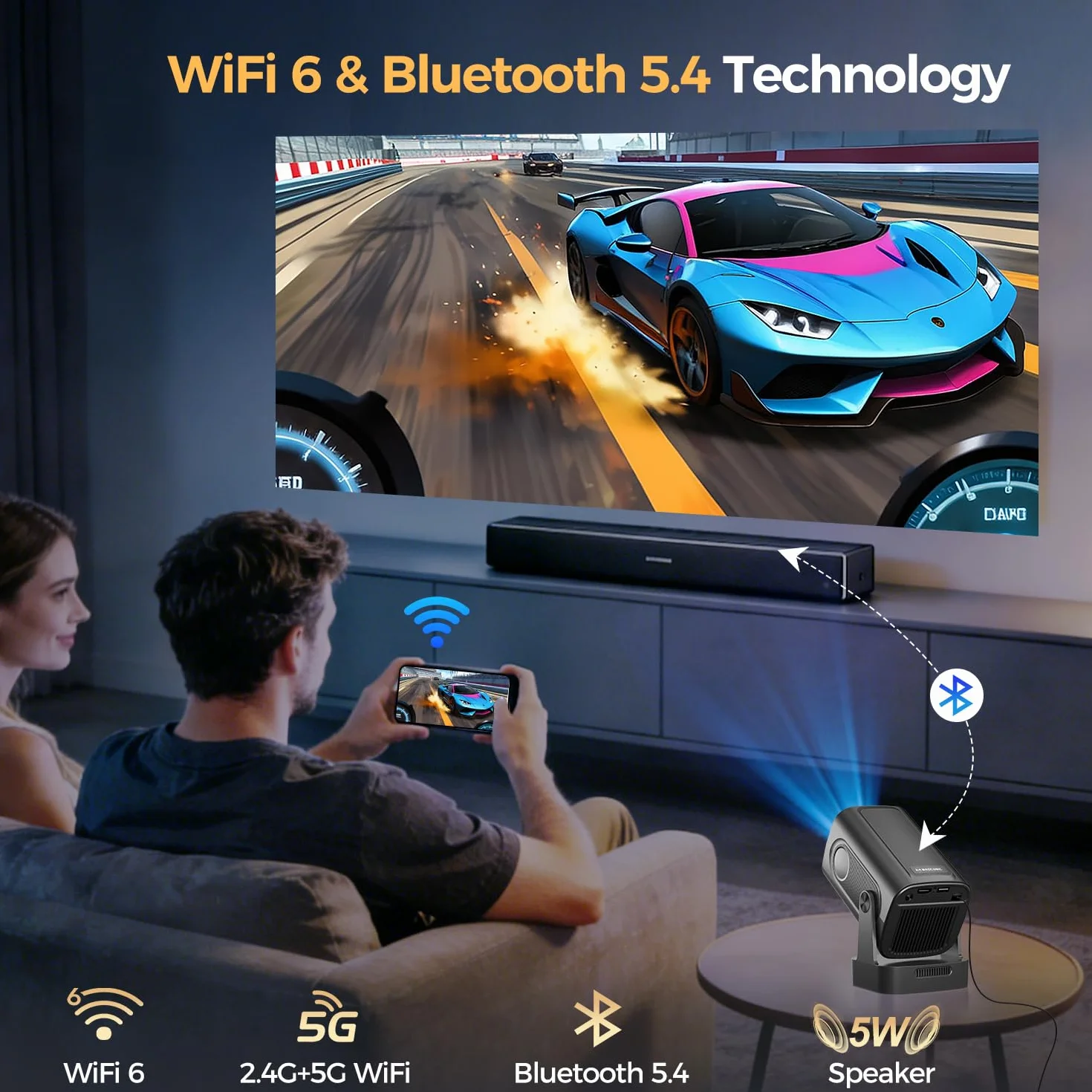 Alwtniet Mini Projektor 4K, Natywne 1080P, Przenośny z Androidem, Autofokus, Korekcja Keystone, WiFi 6, Bluetooth 5.4, Głośnik 5W, Obrót 180° HY310