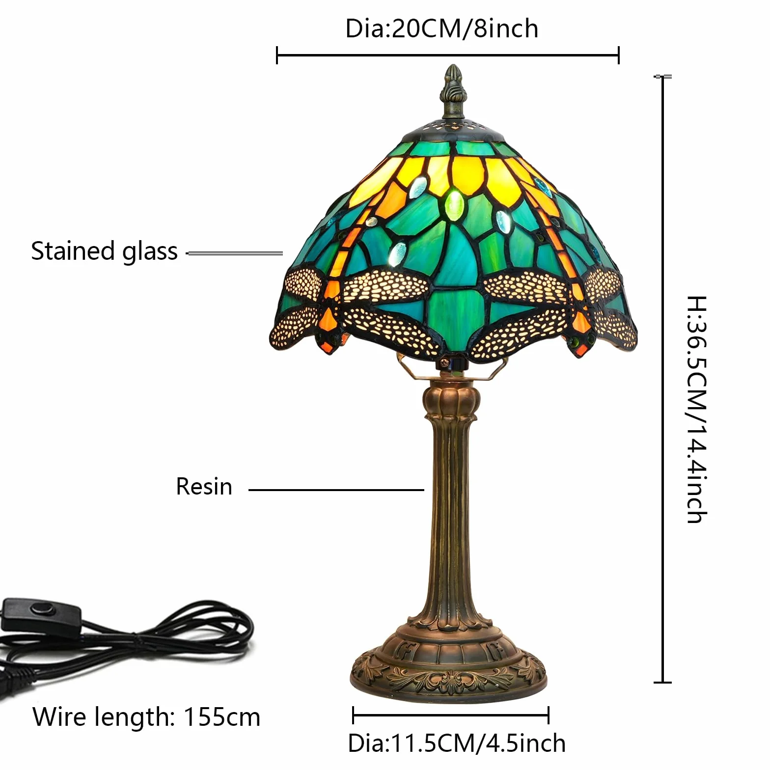 Tiffany lampa witrażowa ważka zielona sypialnia lampa stołowa lampka na biurko do czytania lampka na stolik nocny salon biuro akademik jadalnia dekoracja prezent 20 x 20 x 35 cm