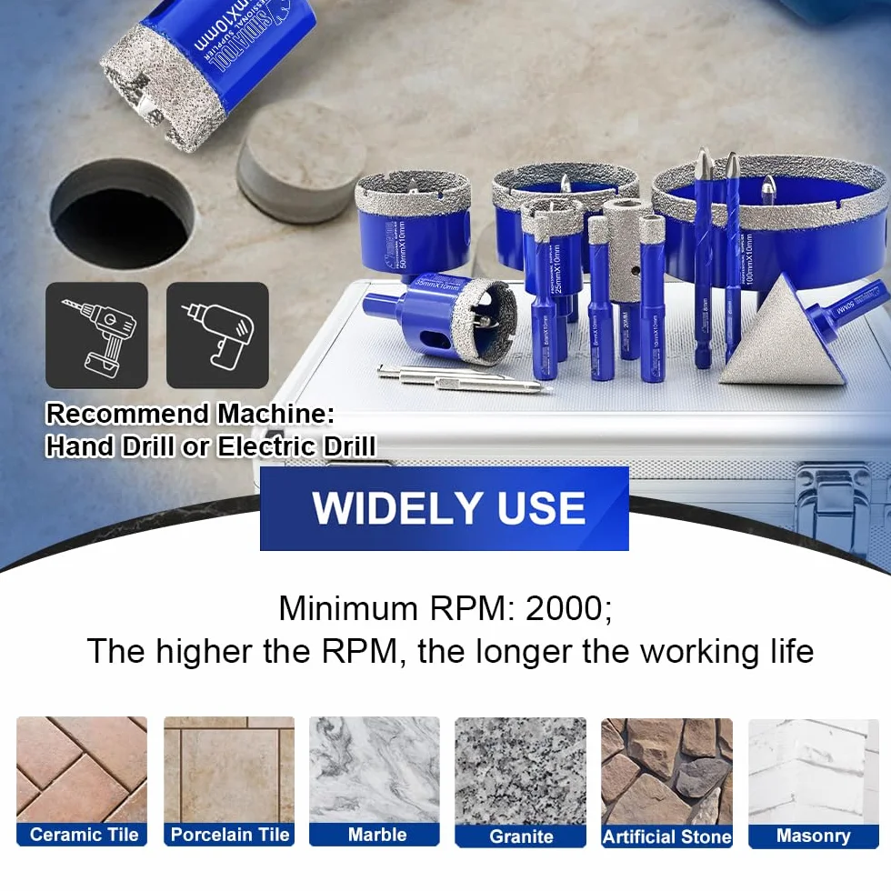 SHDIATOOL Diamentowy zestaw wierteł rdzeniowych ze zdejmowanymi wiertłami prowadzącymi do płytek porcelanowych i ceramicznych, frez fazowy 50 mm, frez palcowy 20 mm, wiertło z węglika twardego 6/8 mm